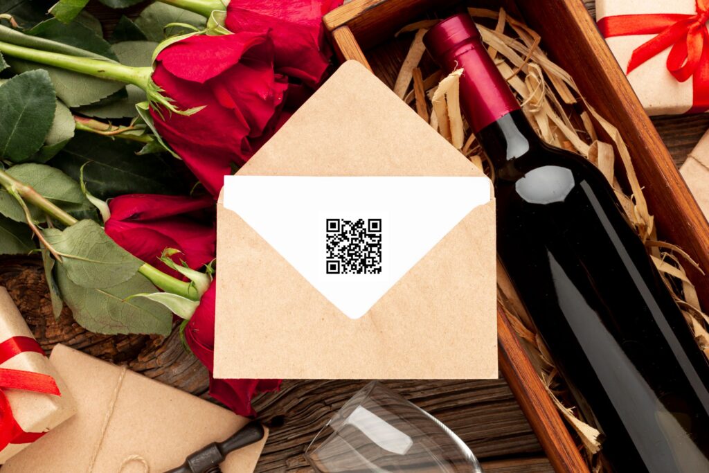 Carta com qrcode ao lado de um vinho.