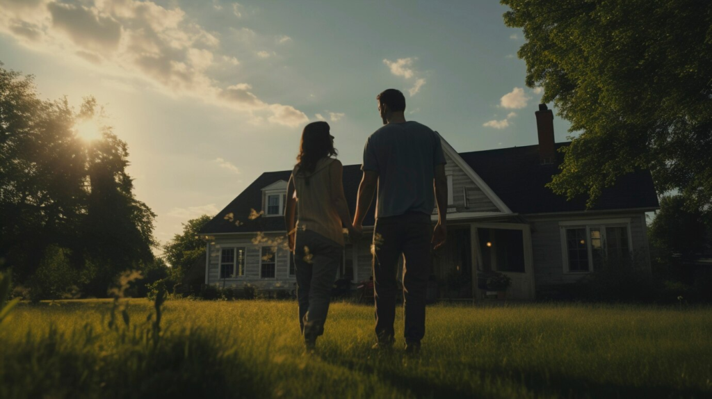 Casal feliz em frente à casa própria.